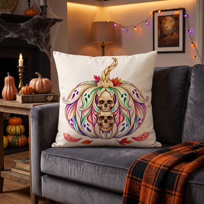 Fodera per cuscino decorativo Singolo teschio gemello mistico e zucca - Copertina + inserto - 2 pezzi - 45cm x 45cm - image 0