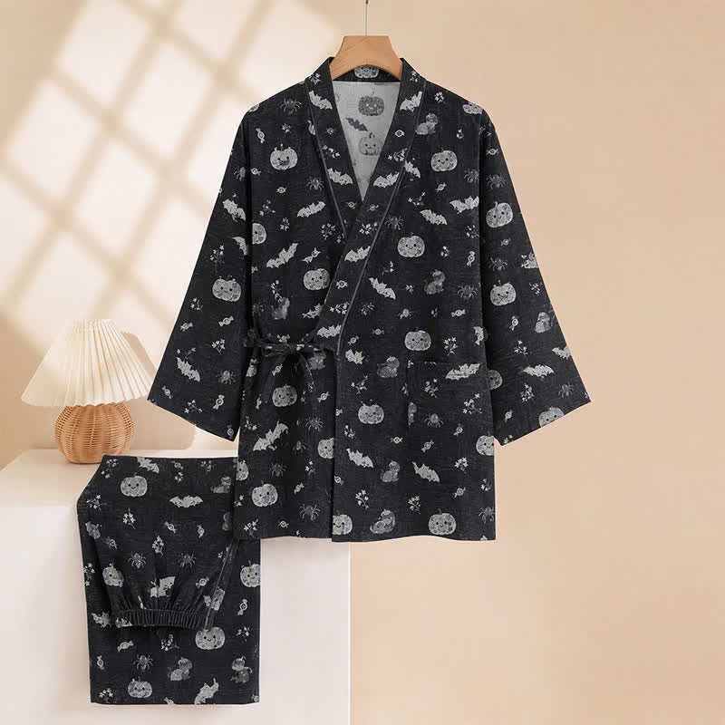 Set pigiama kimono in cotone con motivo pipistrello e zucca di Halloween - image 3