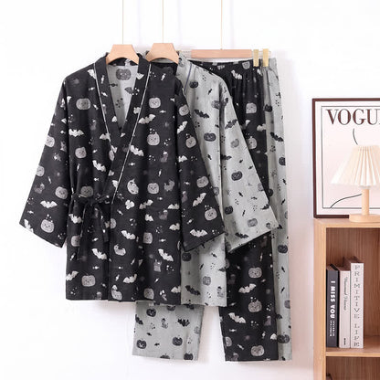 Set pigiama kimono in cotone con motivo pipistrello e zucca di Halloween - image 0