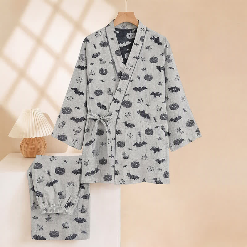 Set pigiama kimono in cotone con motivo pipistrello e zucca di Halloween - image 8