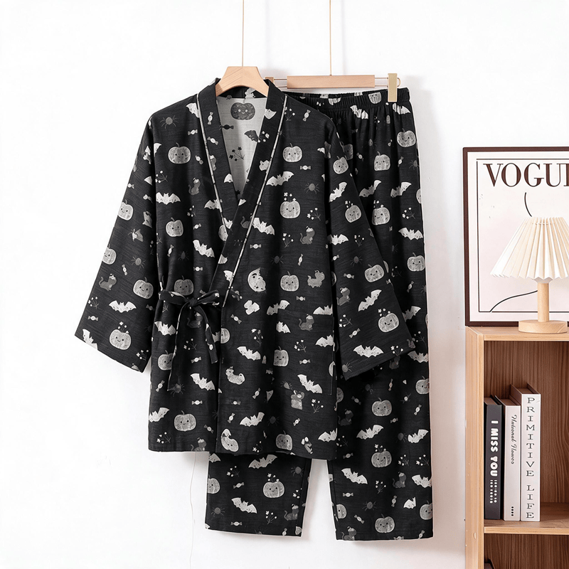 Set pigiama kimono in cotone con motivo pipistrello e zucca di Halloween - Nero - XL - image 1