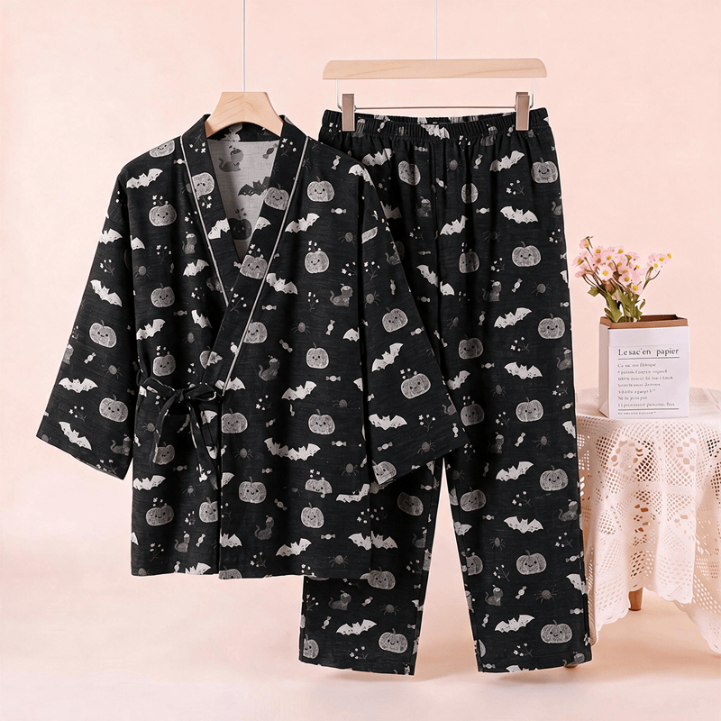 Set pigiama kimono in cotone con motivo pipistrello e zucca di Halloween - image 2