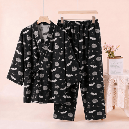 Set pigiama kimono in cotone con motivo pipistrello e zucca di Halloween - image 2
