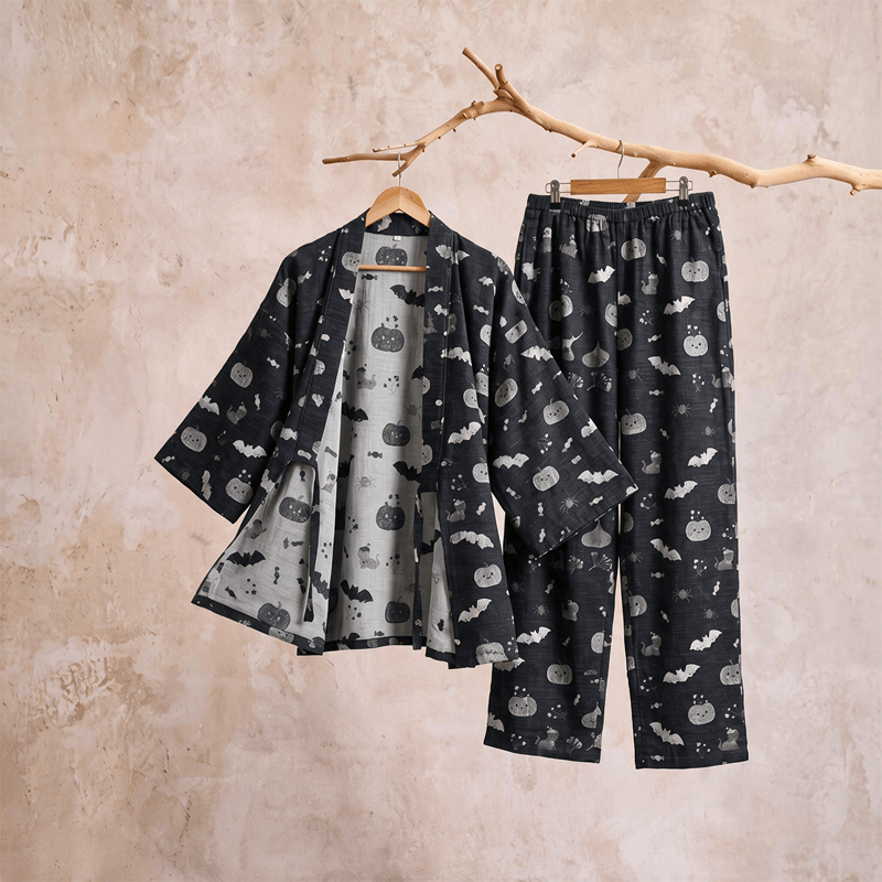Set pigiama kimono in cotone con motivo pipistrello e zucca di Halloween - image 4