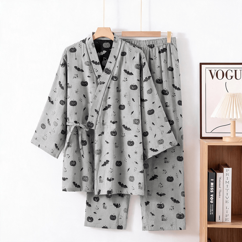 Set pigiama kimono in cotone con motivo pipistrello e zucca di Halloween - Grigio - XL - image 6