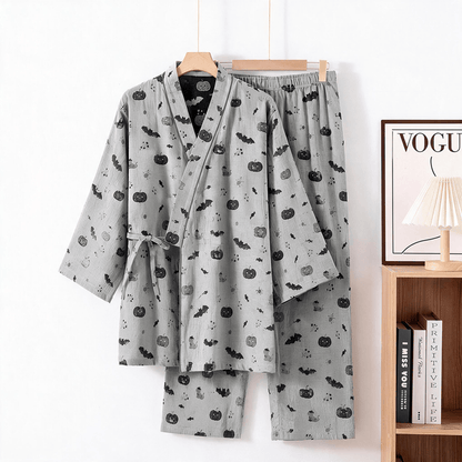Set pigiama kimono in cotone con motivo pipistrello e zucca di Halloween - Grigio - XL - image 6