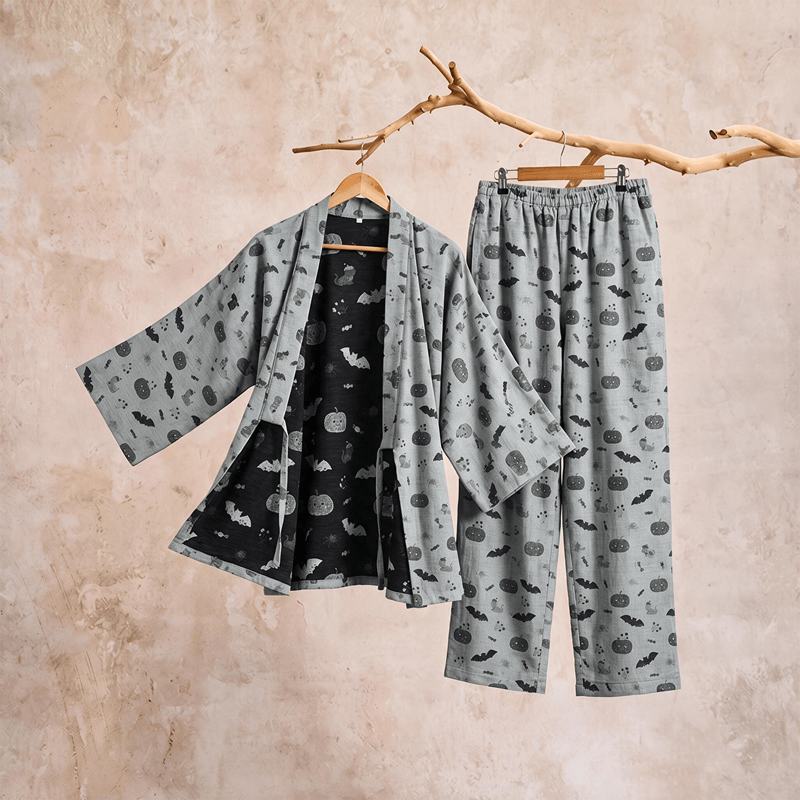Set pigiama kimono in cotone con motivo pipistrello e zucca di Halloween - image 9
