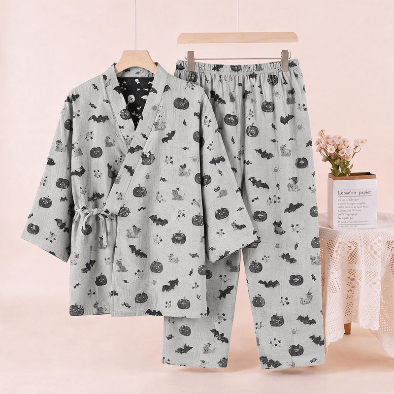 Set pigiama kimono in cotone con motivo pipistrello e zucca di Halloween - image 7