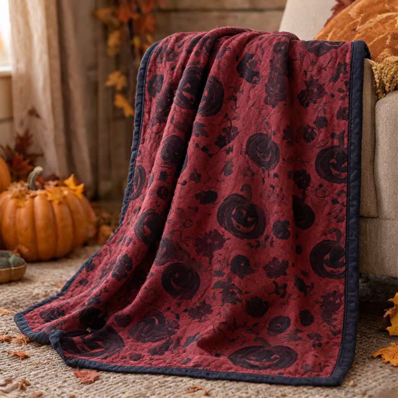 Coperta reversibile in cotone con motivo zucca bordeaux per Halloween - image 1