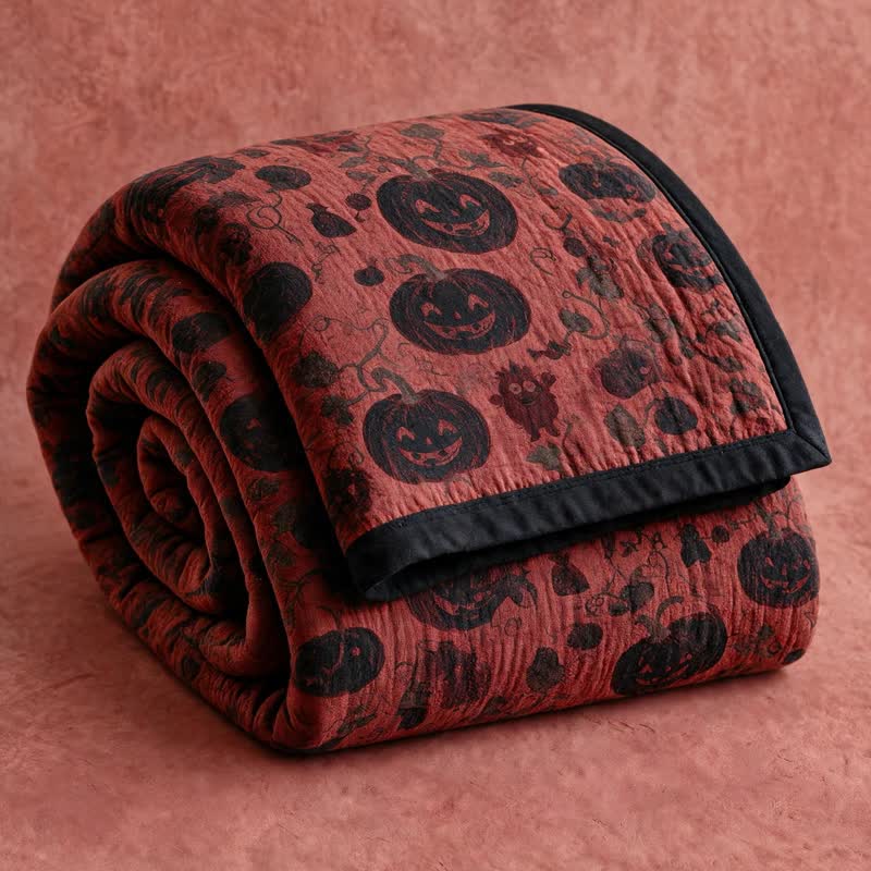 Coperta reversibile in cotone con motivo zucca bordeaux per Halloween - Rosso - Coperta - 90" x 92" - image 0