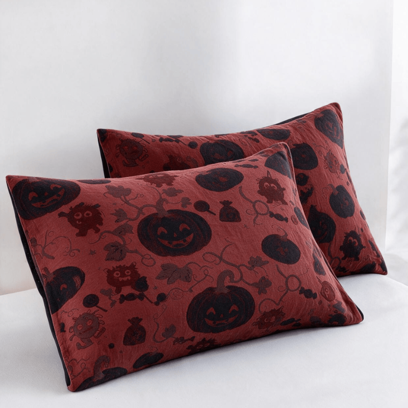 Coperta reversibile in cotone con motivo zucca bordeaux per Halloween - Rosso - 2 federe - 51cm x 91cm - image 6