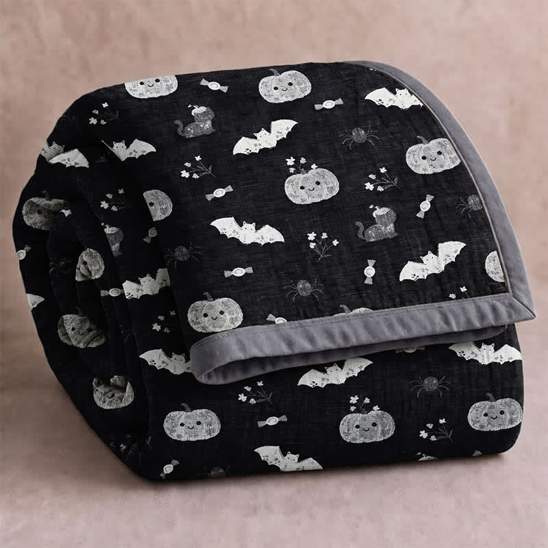 Simpatica coperta reversibile in cotone con motivo zucca e pipistrello di Halloween. - Nero - Coperta - 90" x 92" - image 0