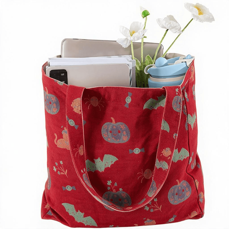 Borsa a tracolla in cotone con zucca e pipistrello di Halloween. - image 1