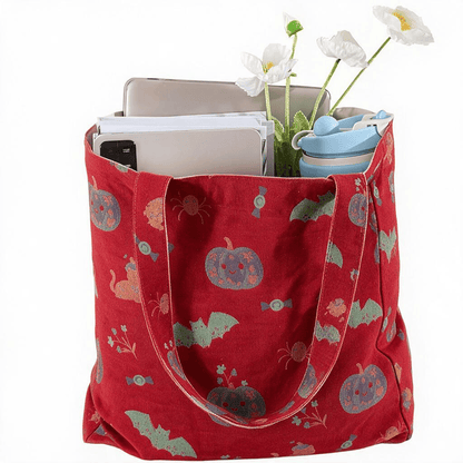 Borsa a tracolla in cotone con zucca e pipistrello di Halloween. - image 1