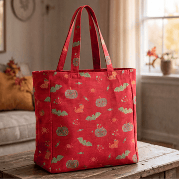 Borsa a tracolla in cotone con zucca e pipistrello di Halloween. - Rosso - 14,2" L × 15,4" A × 4,1" P - image 0