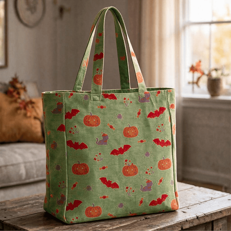 Borsa a tracolla in cotone con zucca e pipistrello di Halloween. - Verde - 14,2" L × 15,4" A × 4,1" P - image 4