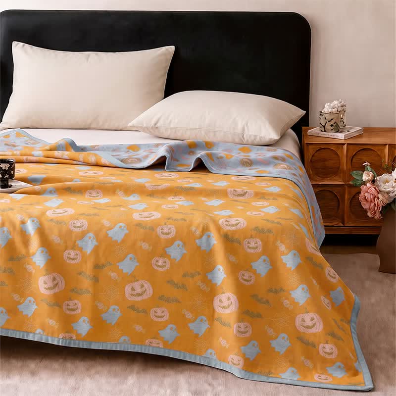 Coperta in cotone reversibile con motivo zucca e fantasma di Halloween - image 3