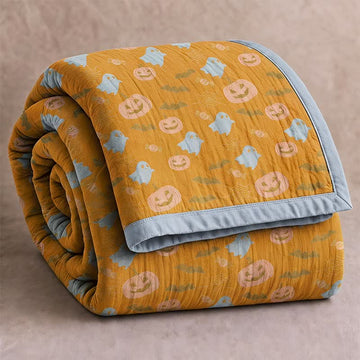 Coperta in cotone reversibile con motivo zucca e fantasma di Halloween - Arancione e giallo - Coperta - 98" x 94" - image 0