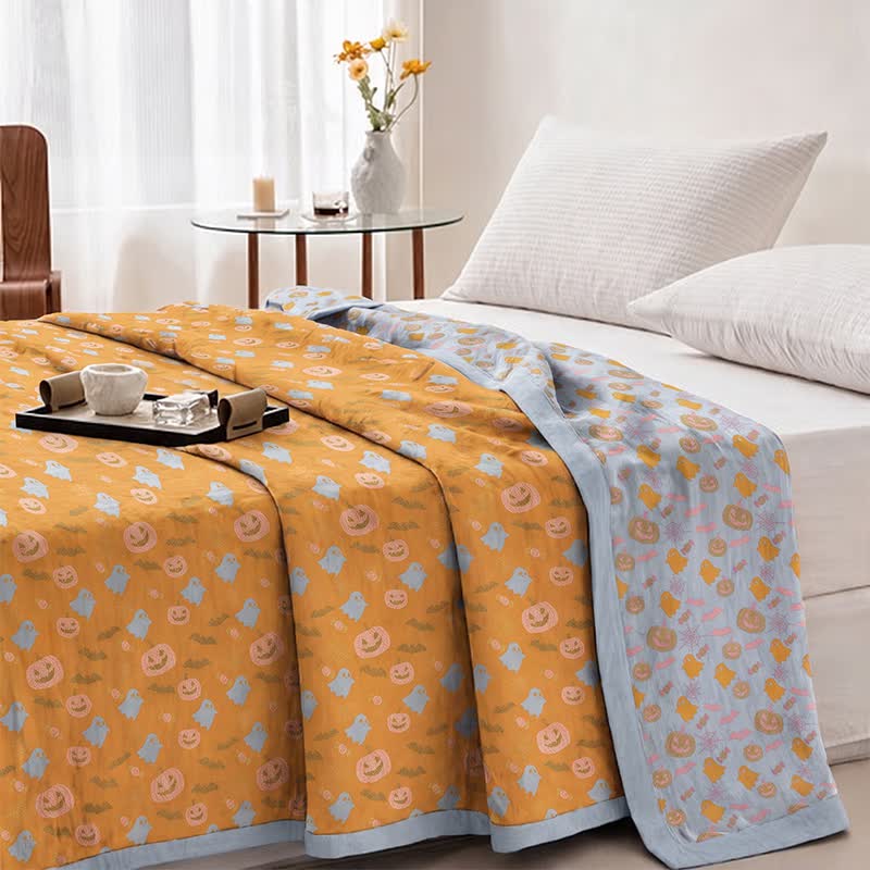 Coperta in cotone reversibile con motivo zucca e fantasma di Halloween - image 2