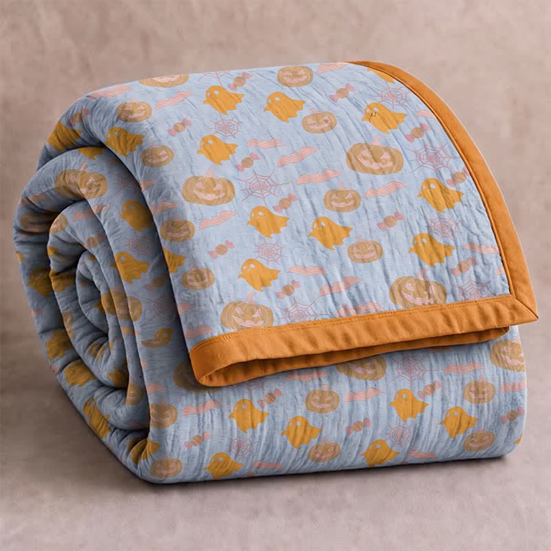 Coperta in cotone reversibile con motivo zucca e fantasma di Halloween - Blu e arancione - Coperta - 98" x 94" - image 6