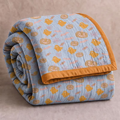 Coperta in cotone reversibile con motivo zucca e fantasma di Halloween - Blu e arancione - Coperta - 98" x 94" - image 6