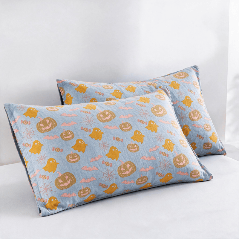 Coperta in cotone reversibile con motivo zucca e fantasma di Halloween - Blu e arancione - 2 federe - 51cm x 91cm - image 11