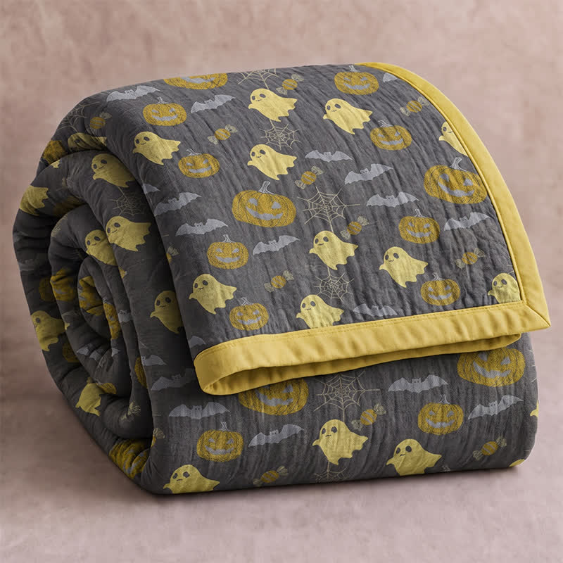 Coperta in cotone reversibile con motivo zucca e fantasma di Halloween - Caffè e giallo - Coperta - 98" x 94" - image 18