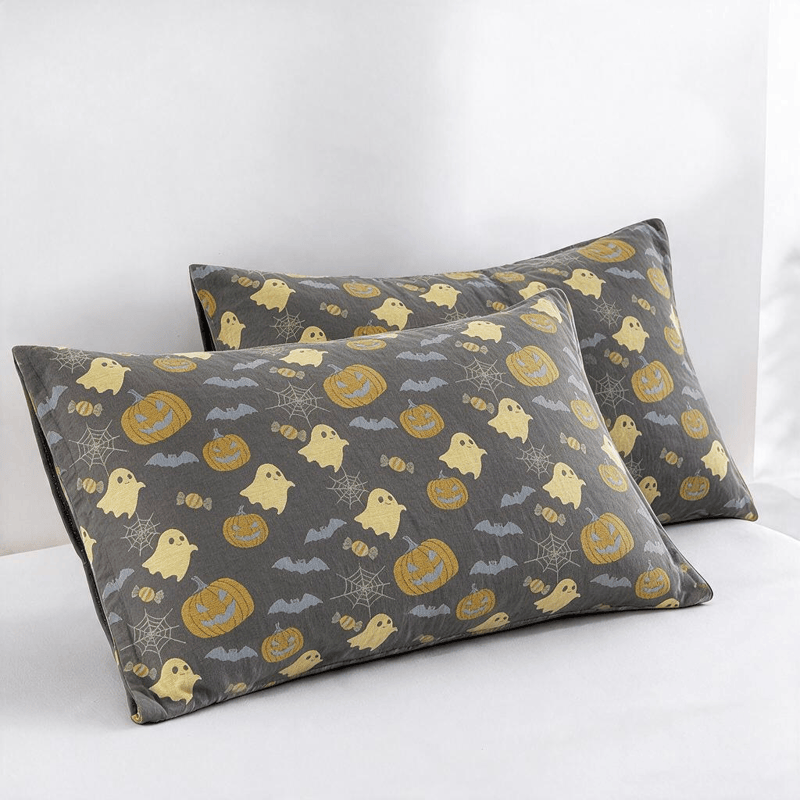 Coperta in cotone reversibile con motivo zucca e fantasma di Halloween - Caffè e giallo - 2 federe - 51cm x 91cm - image 23