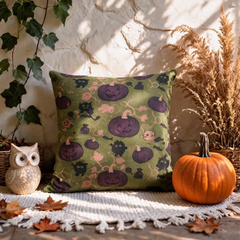 Cuscino in cotone multicolore con zucca e mostro di Halloween - image 14
