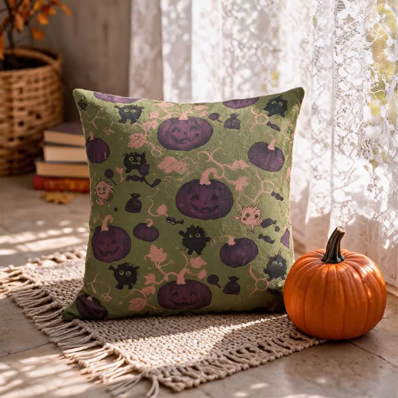 Cuscino in cotone multicolore con zucca e mostro di Halloween - Verde - 45cm x 45cm - Con inserto - image 12