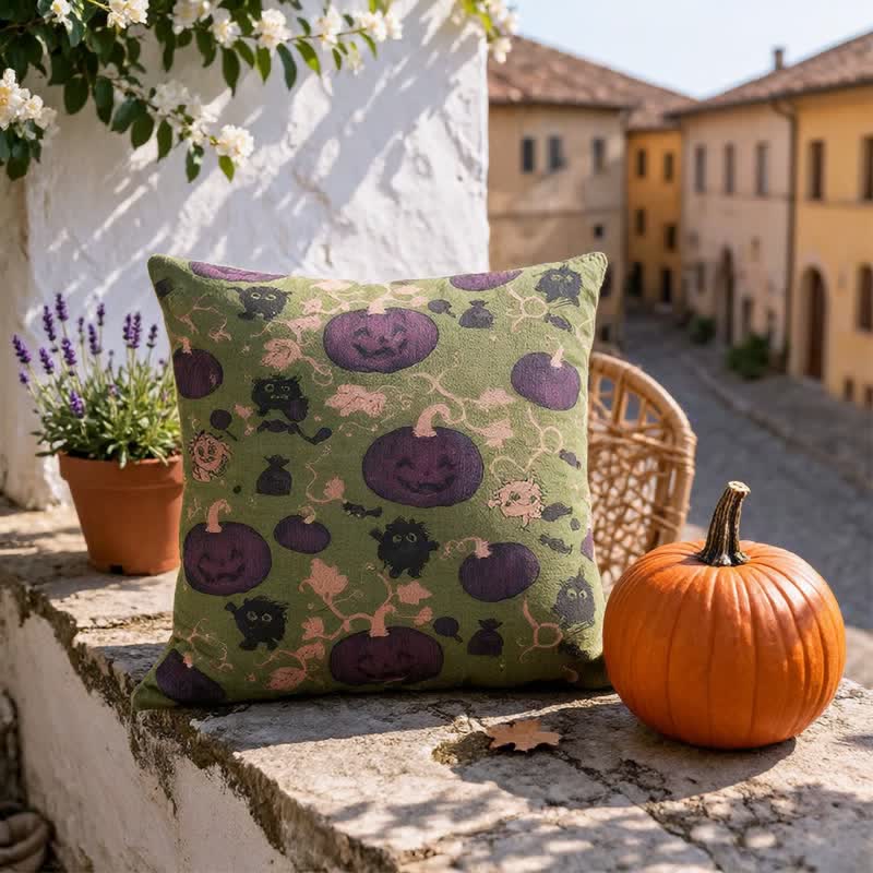 Cuscino in cotone multicolore con zucca e mostro di Halloween - image 13