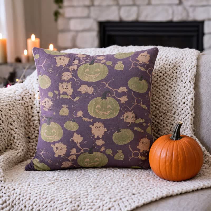 Cuscino in cotone multicolore con zucca e mostro di Halloween - image 10