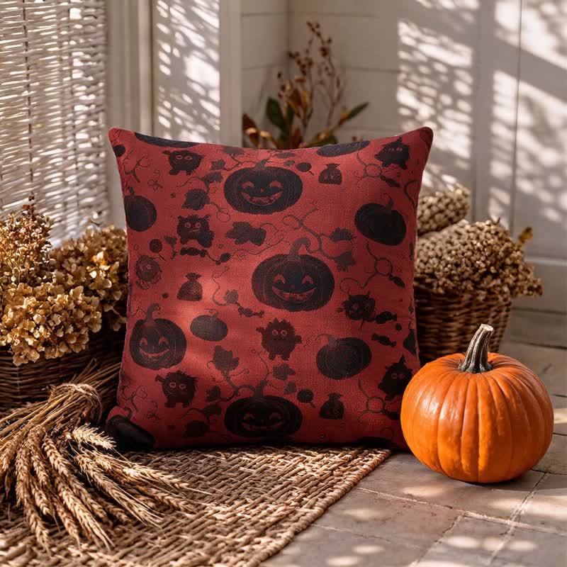 Cuscino in cotone multicolore con zucca e mostro di Halloween - image 2