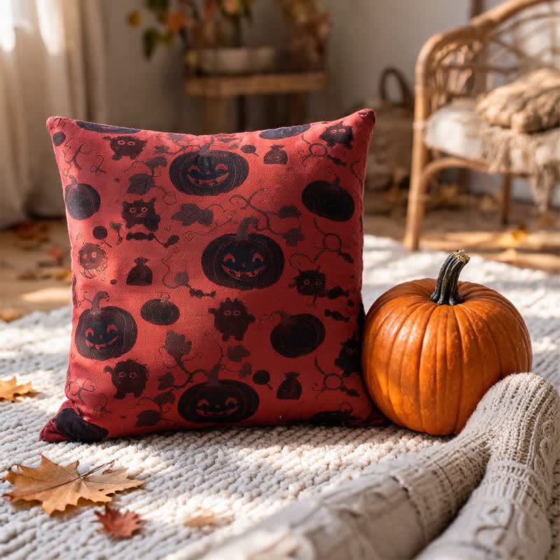 Cuscino in cotone multicolore con zucca e mostro di Halloween - Rosso - 45cm x 45cm - Con inserto - image 0