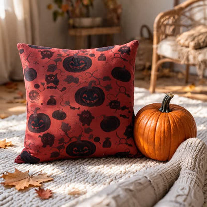 Cuscino in cotone multicolore con zucca e mostro di Halloween - Rosso - 45cm x 45cm - Con inserto - image 0