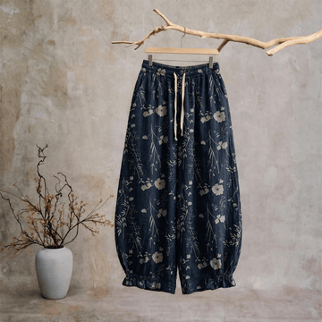 Pantaloni da casa in cotone a trama grossa color blu navy con fiori selvatici - Blu navy - XL - image 0