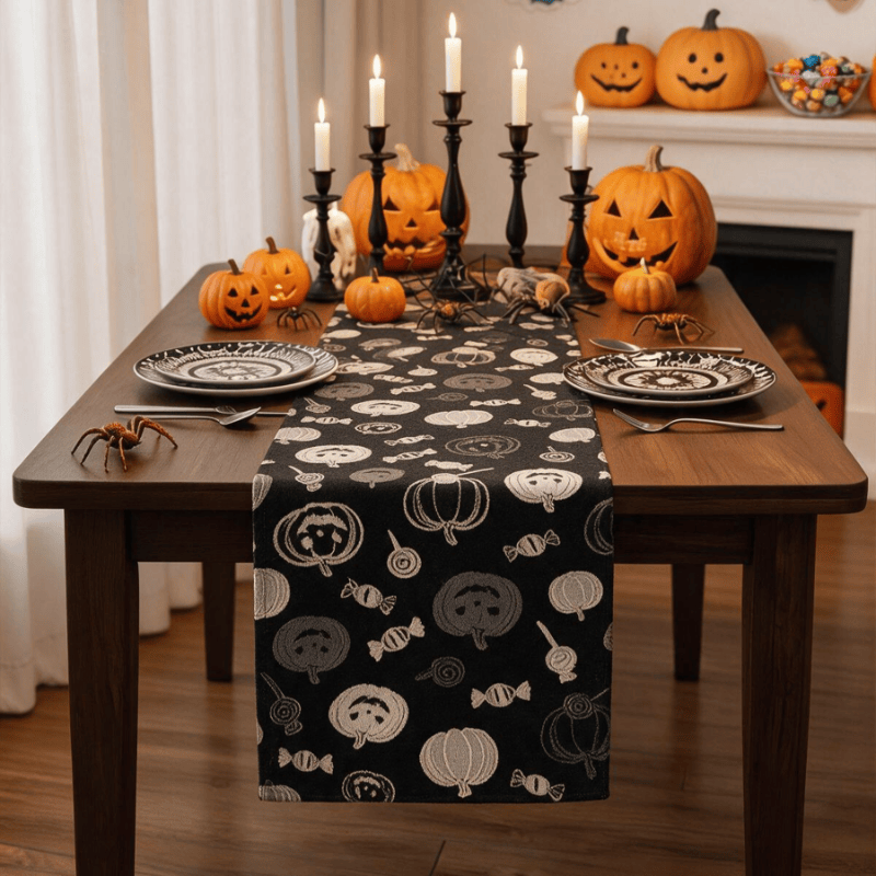 Runner da tavola in cotone nero con zucche e caramelle di Halloween. - Nero - 35cm*275cm - image 0