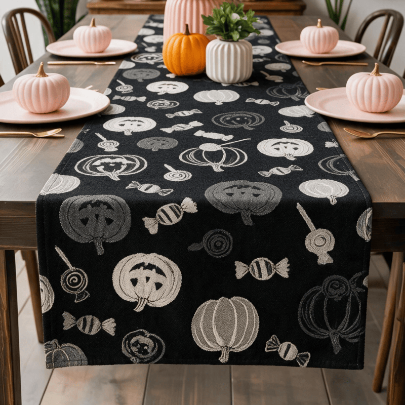 Runner da tavola in cotone nero con zucche e caramelle di Halloween. - image 1