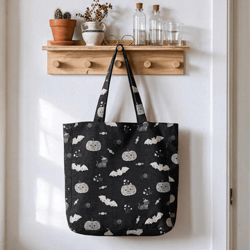Borsa a tracolla in cotone con stampa di zucca e gatto di Halloween. - Nero - 14,2" L × 15,4" A × 4,1" P - image 0