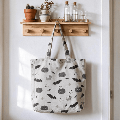 Borsa a tracolla in cotone con stampa di zucca e gatto di Halloween. - Grigio - 14,2" L × 15,4" A × 4,1" P - image 3