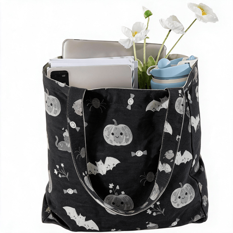 Borsa a tracolla in cotone con stampa di zucca e gatto di Halloween. - image 1