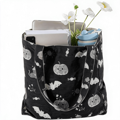 Borsa a tracolla in cotone con stampa di zucca e gatto di Halloween. - image 1