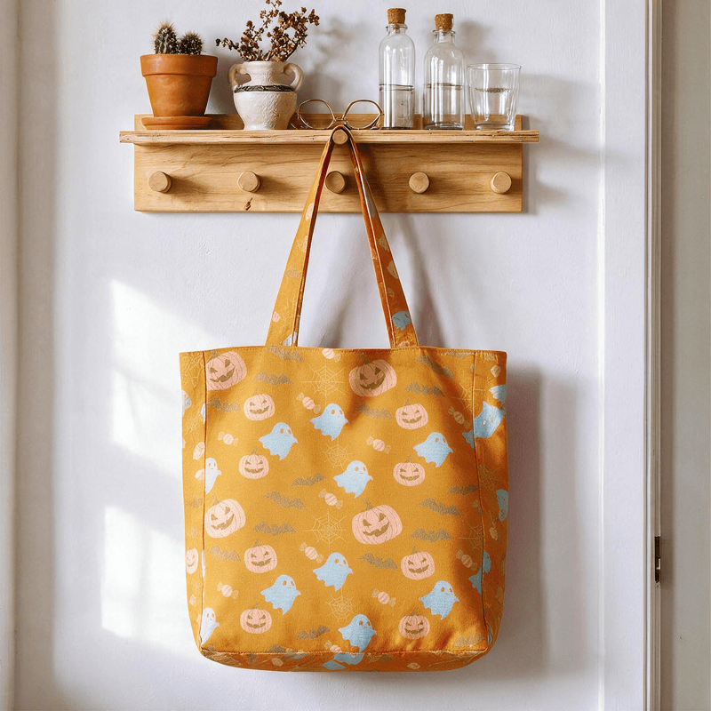 Borsa tote in cotone multicolore con fantasma di Halloween - Arancione e giallo - 14,2" L × 15,4" A × 4,1" P - image 0