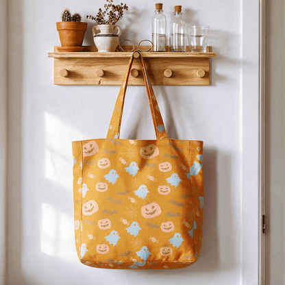 Borsa tote in cotone multicolore con fantasma di Halloween - Arancione e giallo - 14,2" L × 15,4" A × 4,1" P - image 0