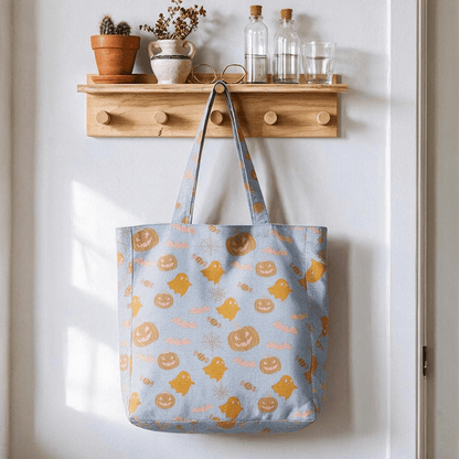 Borsa tote in cotone multicolore con fantasma di Halloween - Blu e arancione - 14,2" L × 15,4" A × 4,1" P - image 3