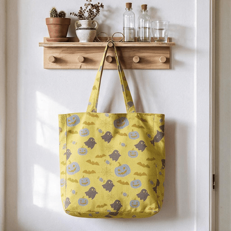 Borsa tote in cotone multicolore con fantasma di Halloween - Giallo e grigio - 14,2" L × 15,4" A × 4,1" P - image 6