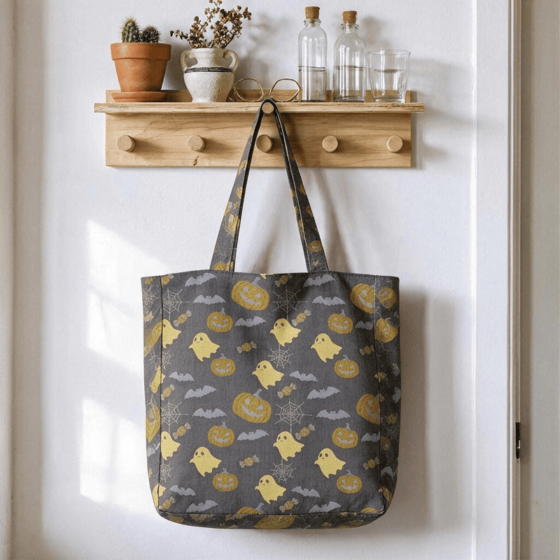 Borsa tote in cotone multicolore con fantasma di Halloween - Caffè e giallo - 14,2" L × 15,4" A × 4,1" P - image 9