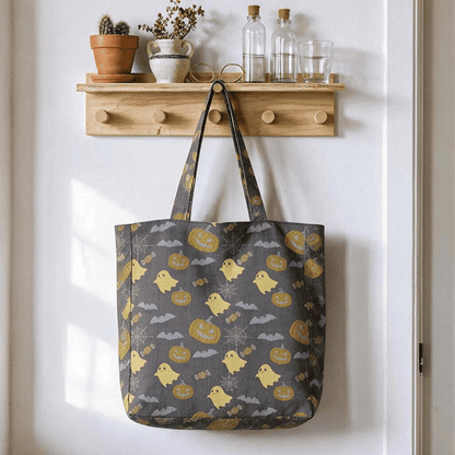 Borsa tote in cotone multicolore con fantasma di Halloween - Caffè e giallo - 14,2" L × 15,4" A × 4,1" P - image 9