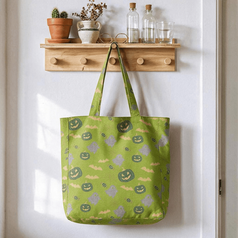 Borsa tote in cotone multicolore con fantasma di Halloween - Verde e giallo - 14,2" L × 15,4" A × 4,1" P - image 12