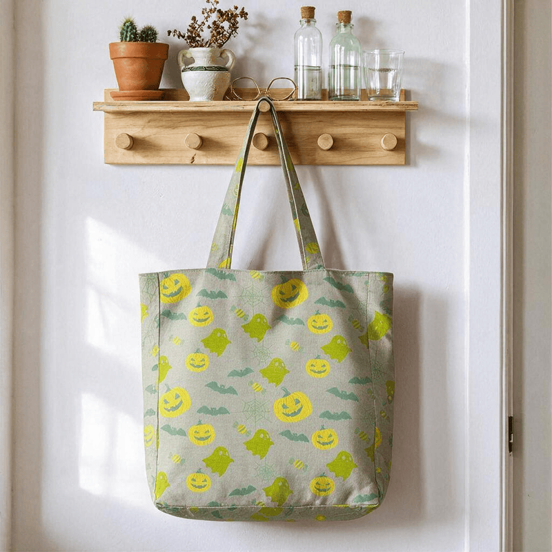 Borsa tote in cotone multicolore con fantasma di Halloween - Grigio e verde - 14,2" L × 15,4" A × 4,1" P - image 15